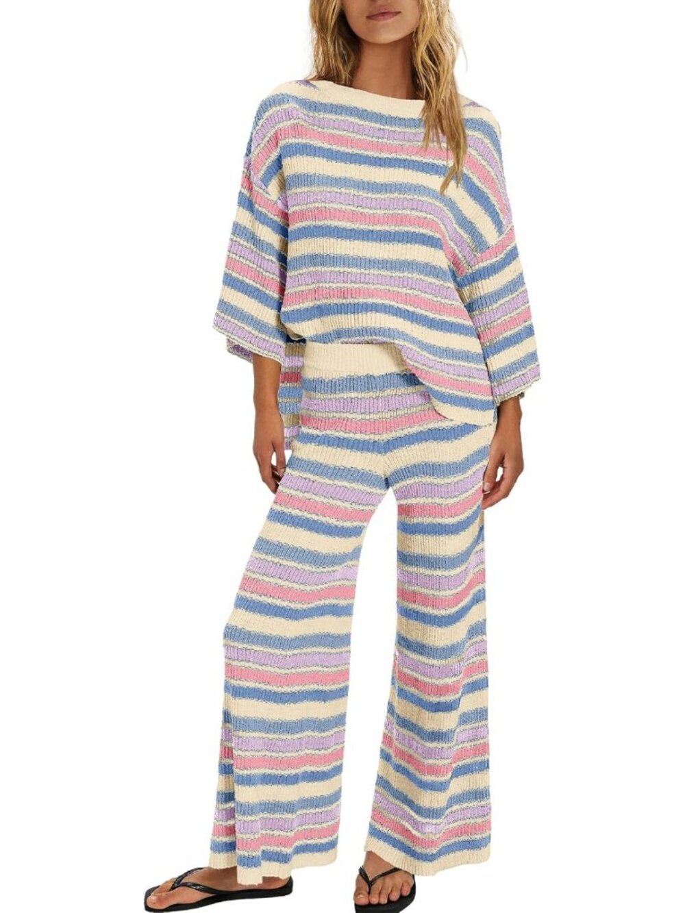 Oversized Striped 2-Piece Lounge Set with Sweater & Wide Leg Pants, Pockets